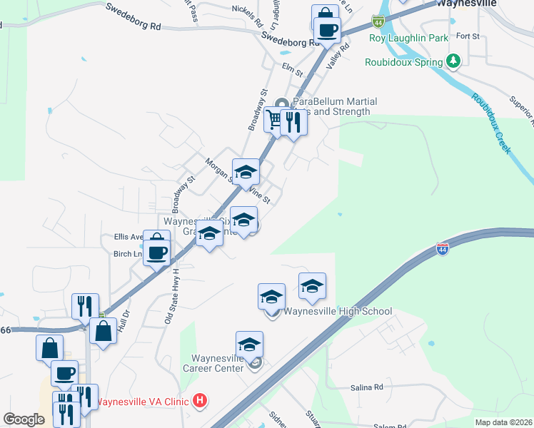 map of restaurants, bars, coffee shops, grocery stores, and more near 810 Roosevelt Street in Waynesville