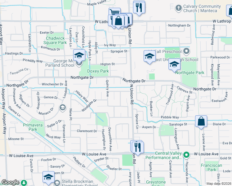 map of restaurants, bars, coffee shops, grocery stores, and more near 1429 Radcliff Lane in Manteca