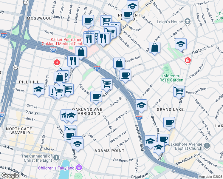 map of restaurants, bars, coffee shops, grocery stores, and more near 430 Oakland Avenue in Oakland
