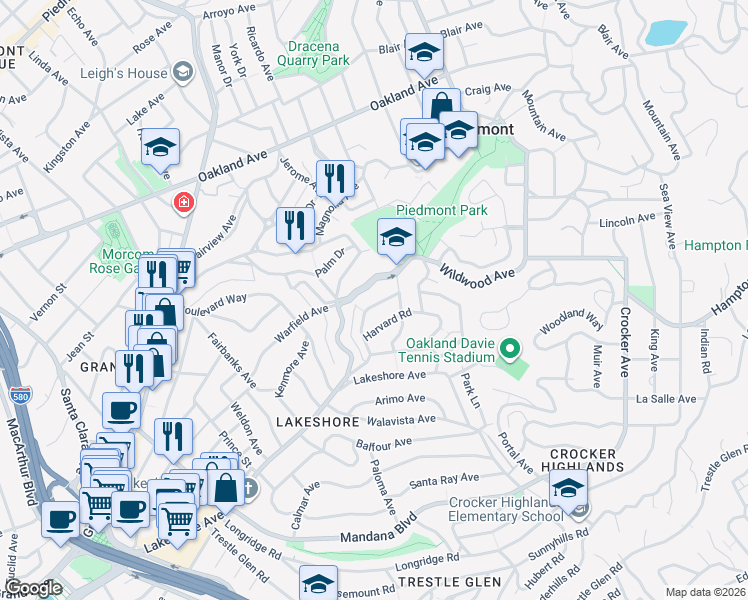 map of restaurants, bars, coffee shops, grocery stores, and more near 1117 Ranleigh Way in Piedmont