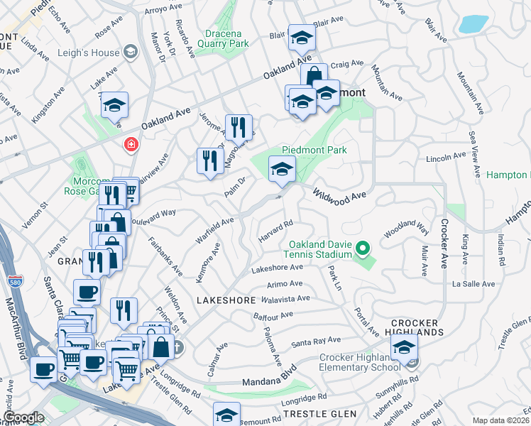 map of restaurants, bars, coffee shops, grocery stores, and more near 1117 Ranleigh Way in Piedmont