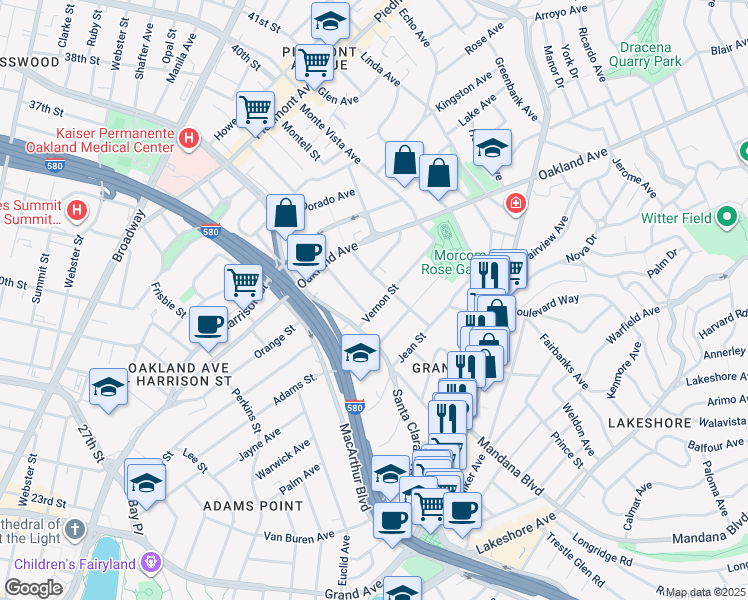 map of restaurants, bars, coffee shops, grocery stores, and more near 567 Vernon Street in Oakland