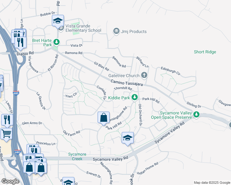 map of restaurants, bars, coffee shops, grocery stores, and more near 652 Thornhill Road in Danville