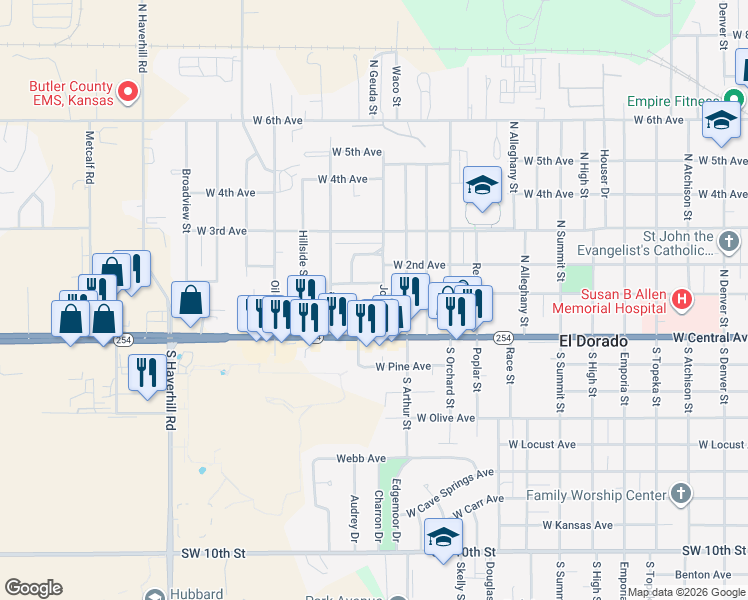 map of restaurants, bars, coffee shops, grocery stores, and more near 1702 West Central Avenue in El Dorado