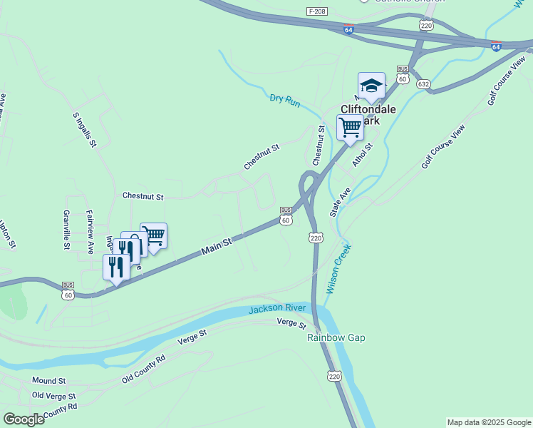 map of restaurants, bars, coffee shops, grocery stores, and more near 1031 Cliftwood Circle in Clifton Forge