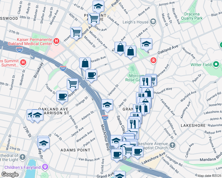 map of restaurants, bars, coffee shops, grocery stores, and more near 567 Vernon Street in Oakland