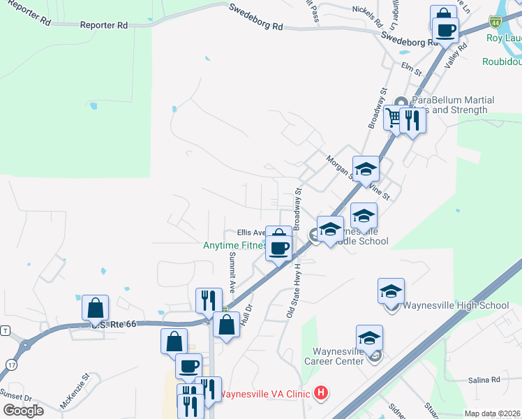 map of restaurants, bars, coffee shops, grocery stores, and more near Fleetwood Drive in Waynesville