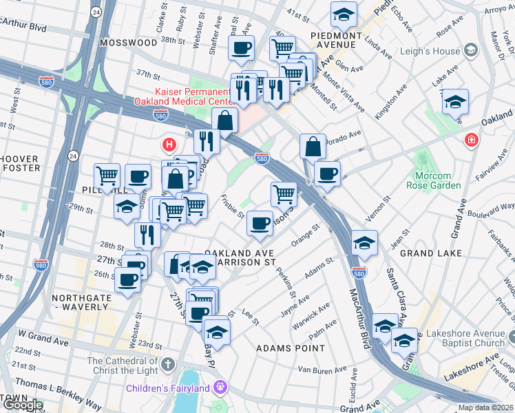 map of restaurants, bars, coffee shops, grocery stores, and more near Fairmount Ave & Kempton Ave in Oakland