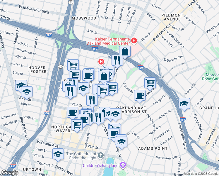 map of restaurants, bars, coffee shops, grocery stores, and more near 2966 Broadway in Oakland