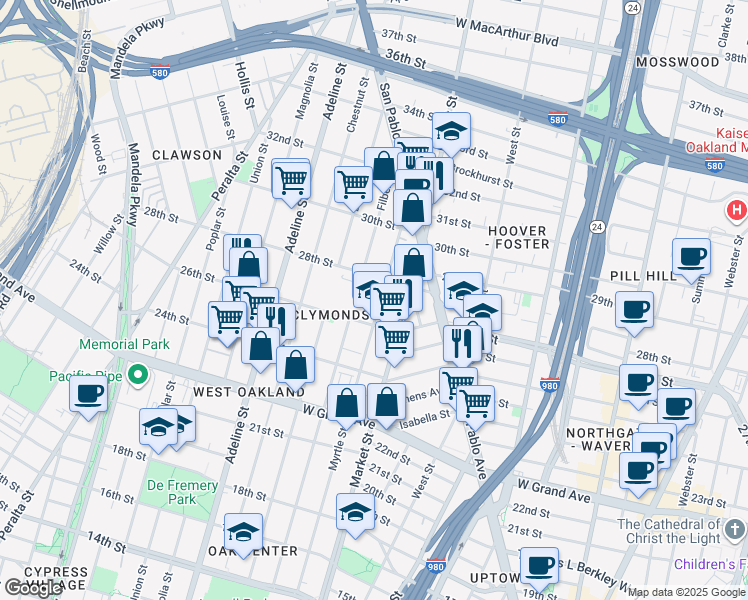 map of restaurants, bars, coffee shops, grocery stores, and more near 2607 Myrtle Street in Oakland