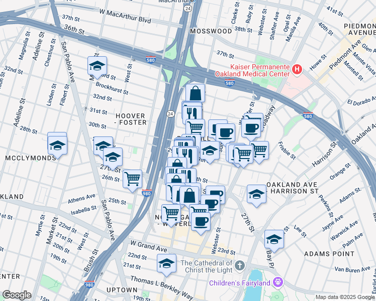 map of restaurants, bars, coffee shops, grocery stores, and more near 2919 Telegraph Avenue in Oakland