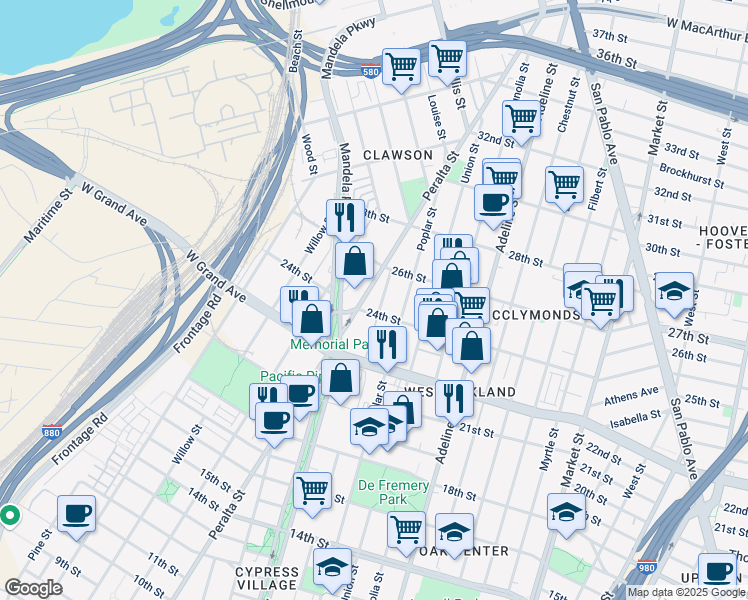 map of restaurants, bars, coffee shops, grocery stores, and more near 2249 Poplar Street in Oakland