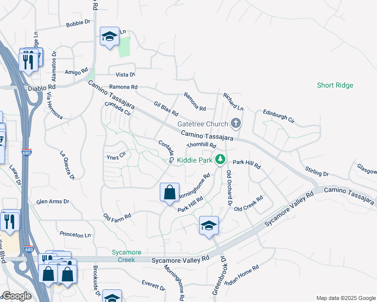map of restaurants, bars, coffee shops, grocery stores, and more near 652 Thornhill Road in Danville