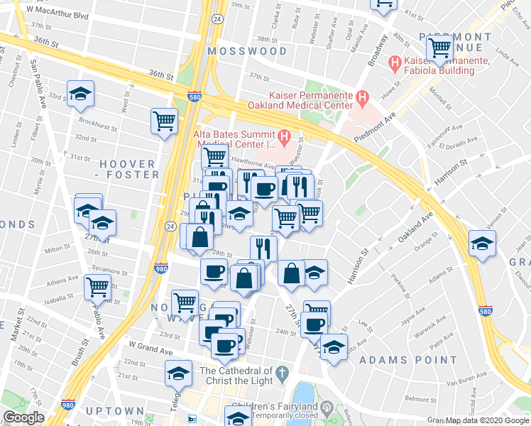 map of restaurants, bars, coffee shops, grocery stores, and more near 2928 Webster Street in Oakland