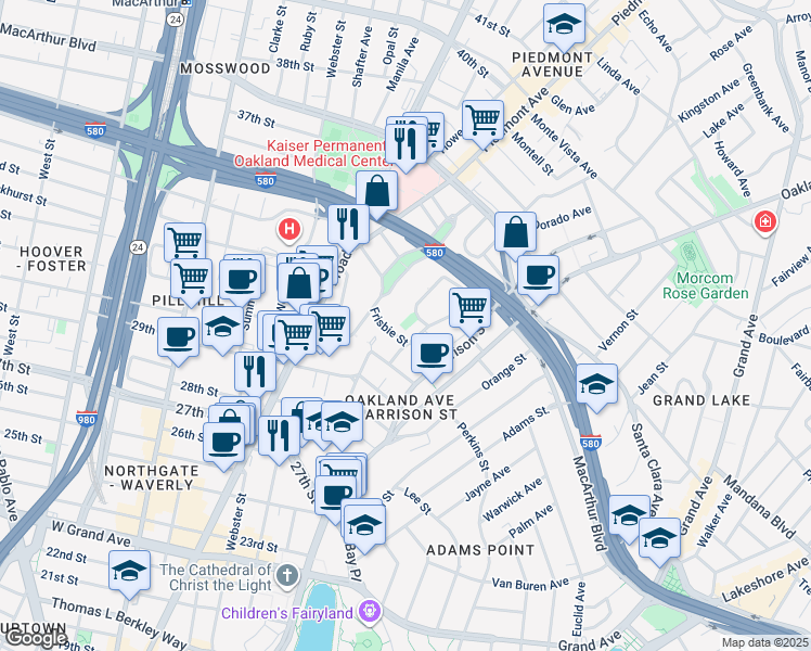 map of restaurants, bars, coffee shops, grocery stores, and more near 3229 Kempton Avenue in Oakland