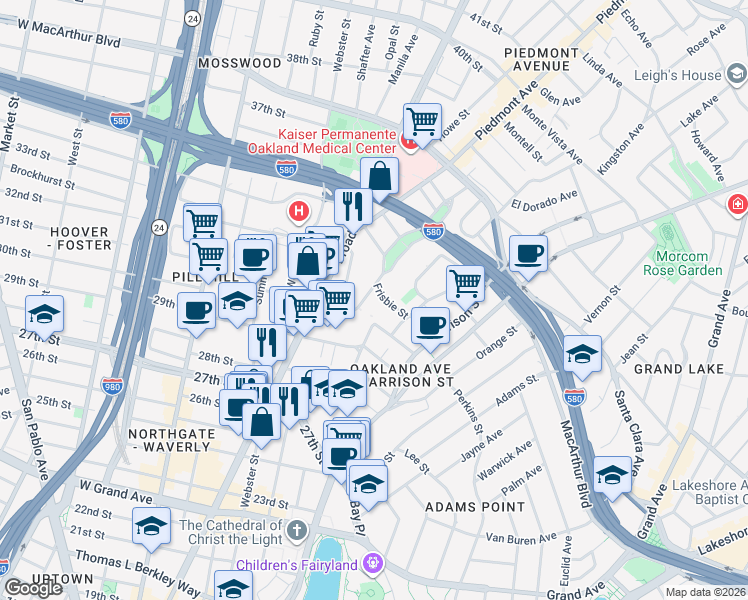 map of restaurants, bars, coffee shops, grocery stores, and more near 3026 Richmond Boulevard in Oakland