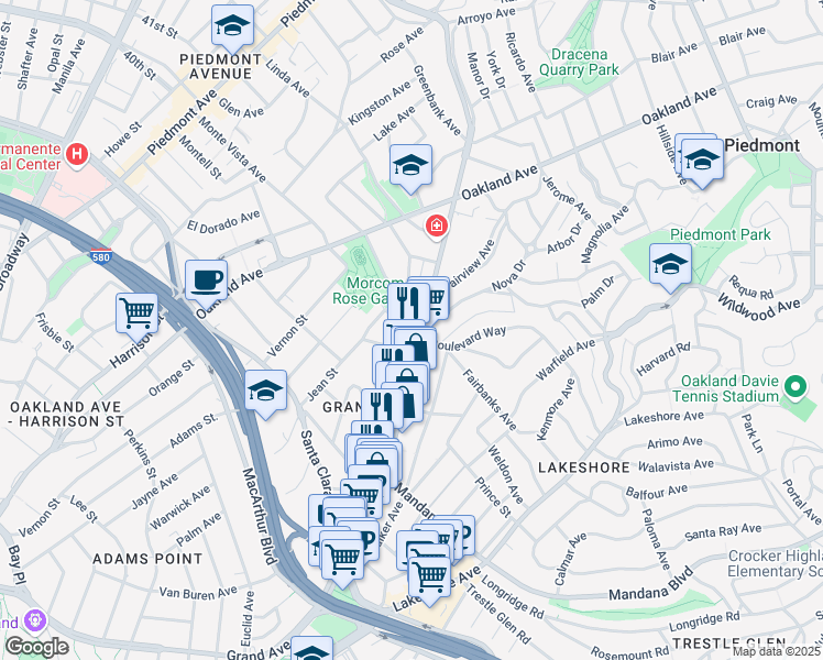 map of restaurants, bars, coffee shops, grocery stores, and more near 3827 Grand Avenue in Oakland