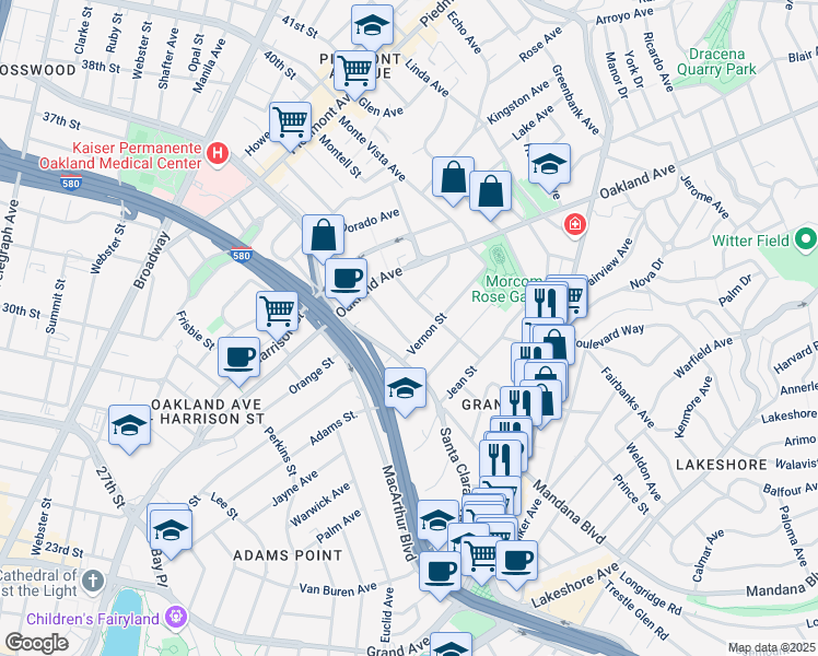 map of restaurants, bars, coffee shops, grocery stores, and more near 10 Moss Avenue in Oakland