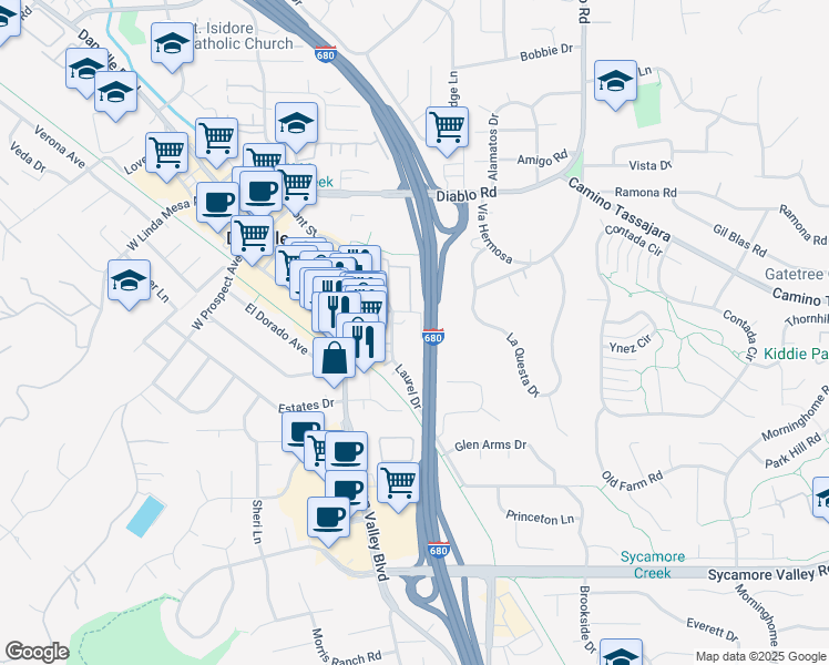 map of restaurants, bars, coffee shops, grocery stores, and more near 35 Laurel Drive in Danville