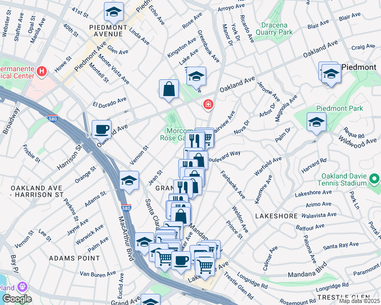 map of restaurants, bars, coffee shops, grocery stores, and more near 3827 Grand Avenue in Oakland