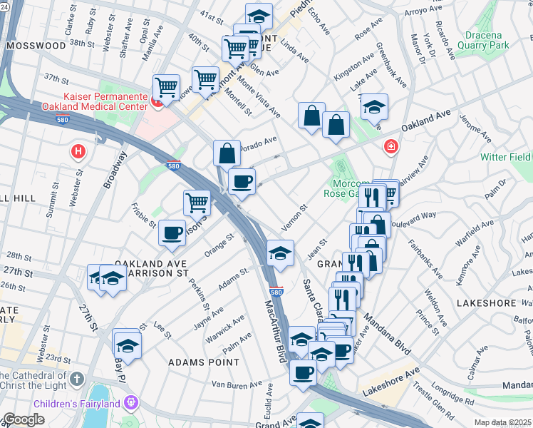 map of restaurants, bars, coffee shops, grocery stores, and more near 196 Santa Clara Avenue in Oakland