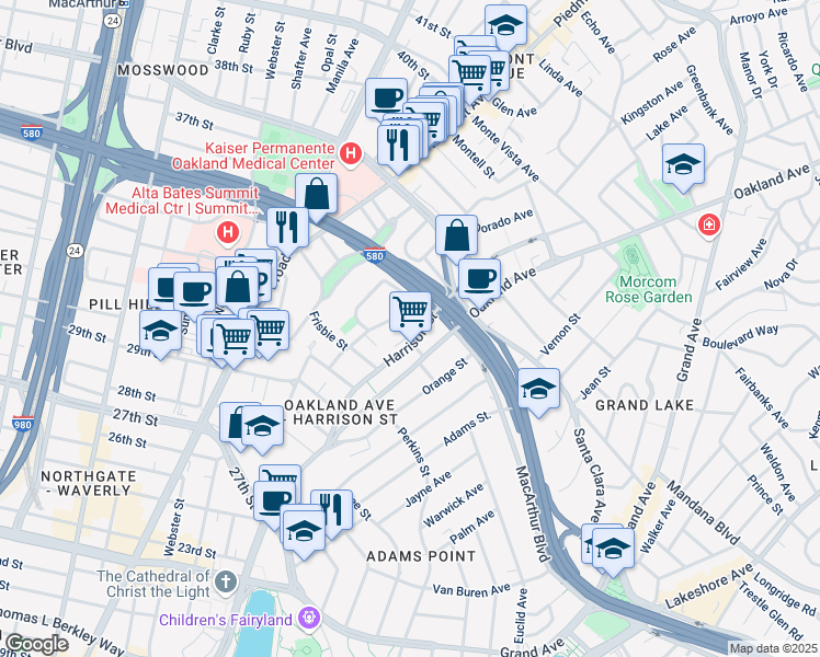 map of restaurants, bars, coffee shops, grocery stores, and more near 3210 Harrison Street in Oakland