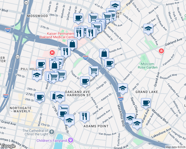 map of restaurants, bars, coffee shops, grocery stores, and more near 3210 Harrison Street in Oakland