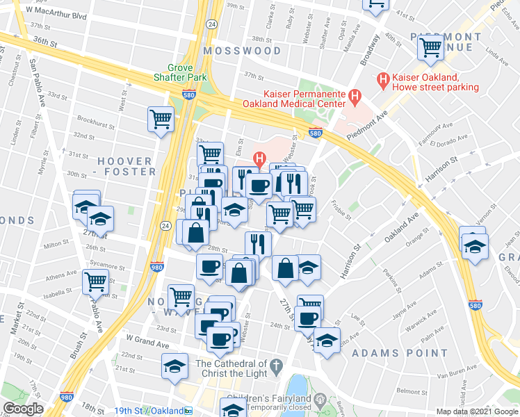 map of restaurants, bars, coffee shops, grocery stores, and more near 2928 Webster Street in Oakland