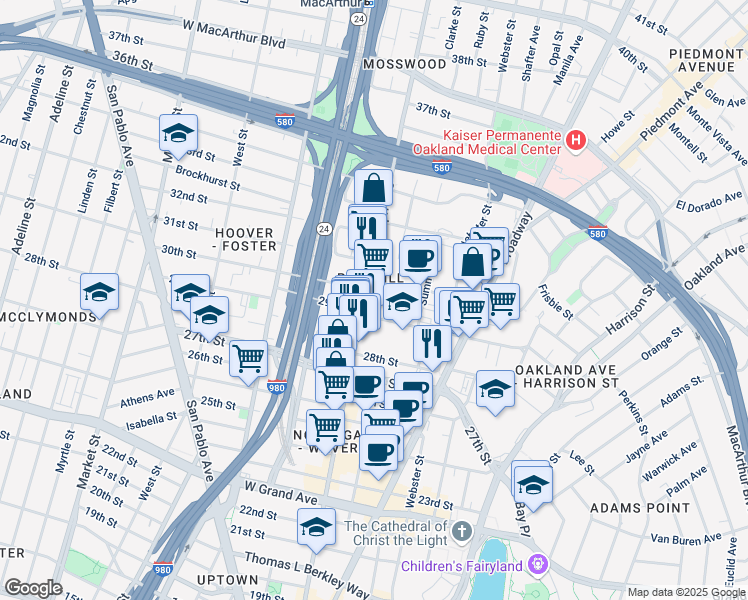 map of restaurants, bars, coffee shops, grocery stores, and more near 2903 McClure Street in Oakland
