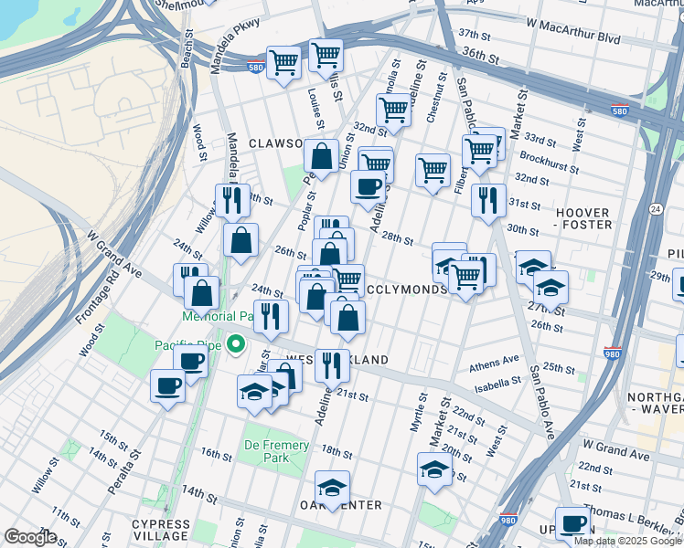 map of restaurants, bars, coffee shops, grocery stores, and more near 2420 Magnolia Street in Oakland