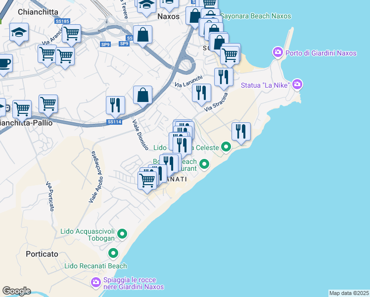 map of restaurants, bars, coffee shops, grocery stores, and more near 15 Via Teocle in Giardini Naxos