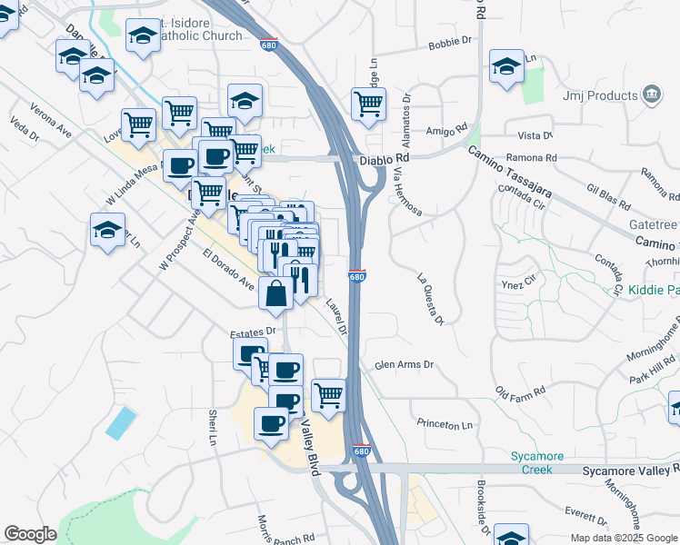 map of restaurants, bars, coffee shops, grocery stores, and more near 1011 Hartz Way in Danville