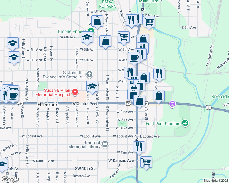 map of restaurants, bars, coffee shops, grocery stores, and more near 112 North Washington Street in El Dorado
