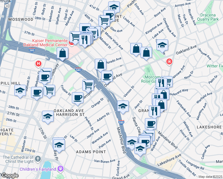 map of restaurants, bars, coffee shops, grocery stores, and more near 166 Santa Clara Avenue in Oakland