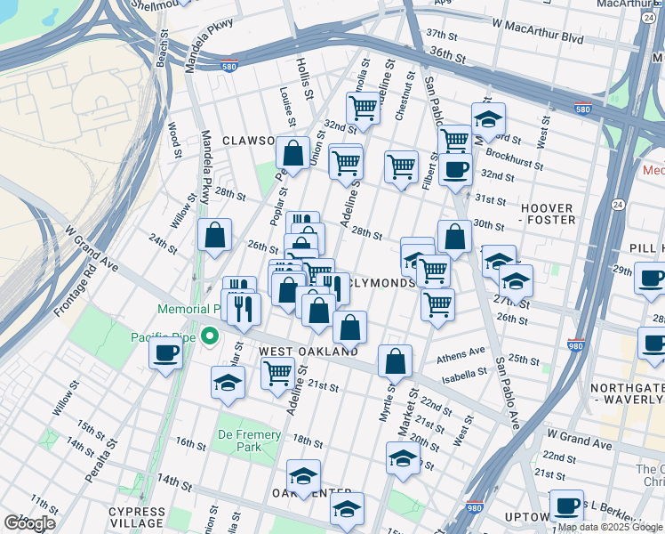 map of restaurants, bars, coffee shops, grocery stores, and more near Adeline St & 26th St in Oakland