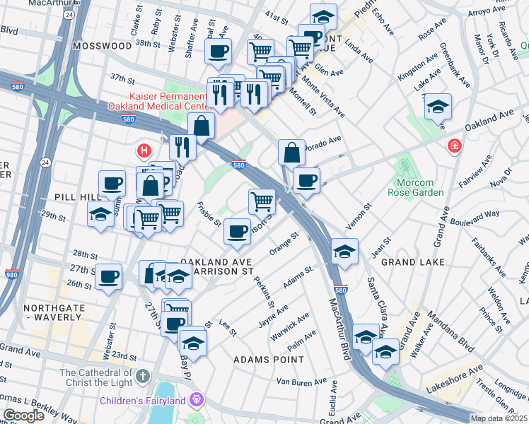 map of restaurants, bars, coffee shops, grocery stores, and more near 3317 Harrison Street in Oakland