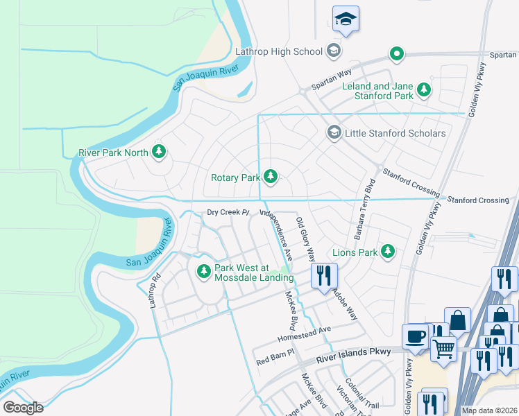map of restaurants, bars, coffee shops, grocery stores, and more near 15810 Crescent Park Circle in Lathrop