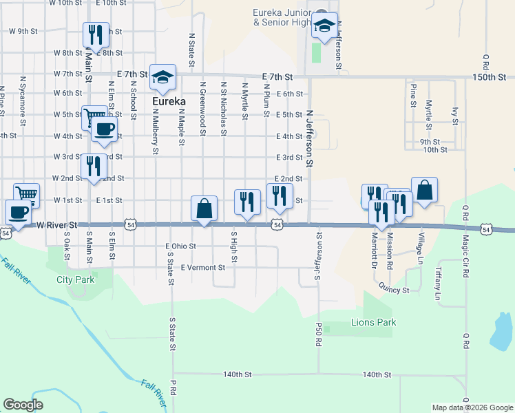 map of restaurants, bars, coffee shops, grocery stores, and more near 822 East River Street in Eureka
