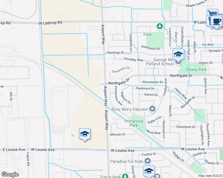 map of restaurants, bars, coffee shops, grocery stores, and more near 1440 Gianna Place in Manteca