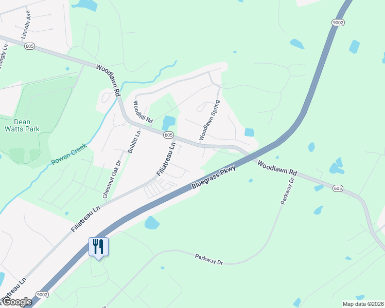 map of restaurants, bars, coffee shops, grocery stores, and more near Woodlawn Road in Bardstown