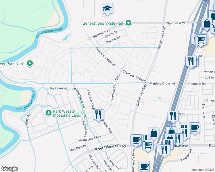 map of restaurants, bars, coffee shops, grocery stores, and more near 600 Land Park in Lathrop