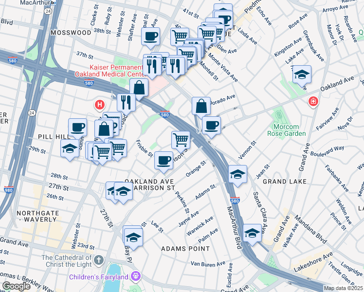 map of restaurants, bars, coffee shops, grocery stores, and more near 3317 Harrison Street in Oakland