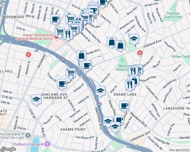 map of restaurants, bars, coffee shops, grocery stores, and more near 40 Moss Avenue in Oakland