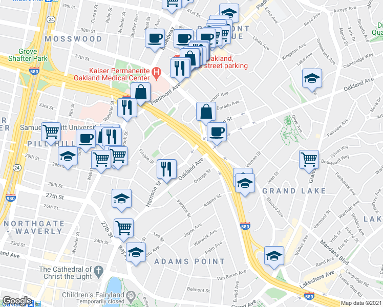 map of restaurants, bars, coffee shops, grocery stores, and more near 421 Fairmount Avenue in Oakland