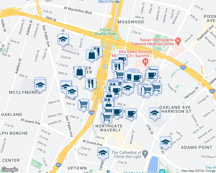 map of restaurants, bars, coffee shops, grocery stores, and more near 532 30th Street in Oakland
