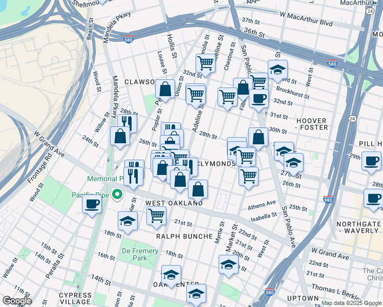 map of restaurants, bars, coffee shops, grocery stores, and more near 2602 Adeline Street in Oakland