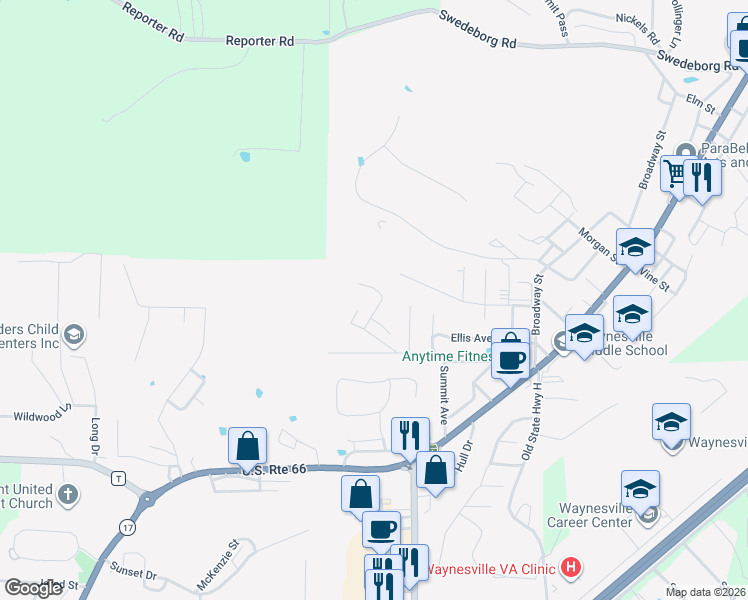map of restaurants, bars, coffee shops, grocery stores, and more near 104 Viren Lane in Waynesville