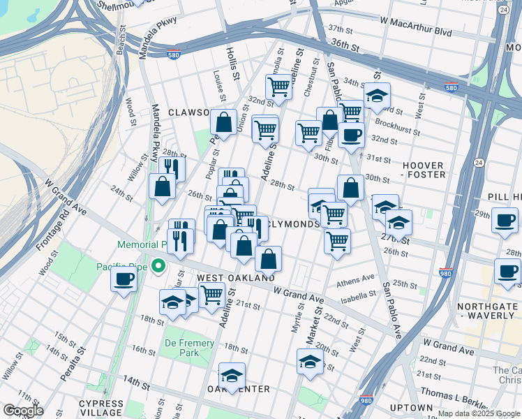 map of restaurants, bars, coffee shops, grocery stores, and more near 2602 Adeline Street in Oakland