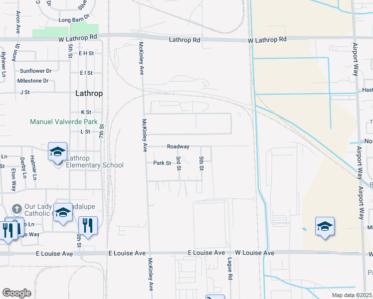 map of restaurants, bars, coffee shops, grocery stores, and more near 15700 McKinley Avenue in Lathrop