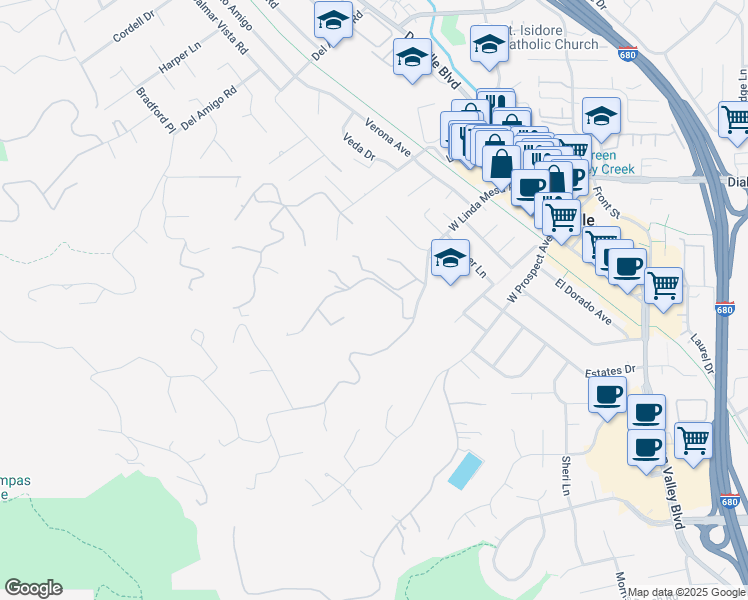 map of restaurants, bars, coffee shops, grocery stores, and more near 20 Montecito Drive in Danville